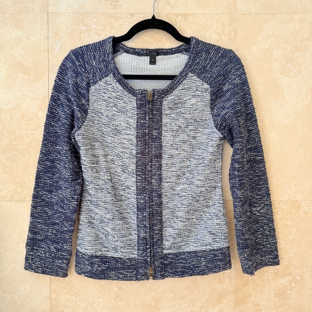 J.Crew Zip Front Sweater Womens XS Blue Textured Knit Lightweight